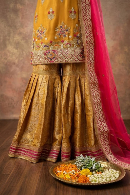 Sunehri Mehndi Bridal Wear by MCS Unstitched Handmade Net Shirt With Banarsi sharara Mehndi Wear Collection