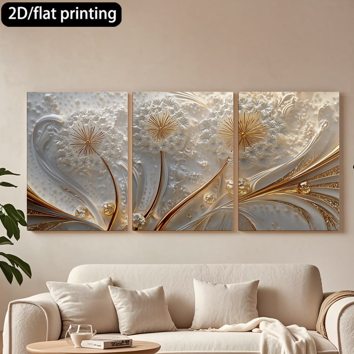 Luxury 3-Piece Floral Wall Frame Set – Gold & Pearl Dandelion Art on Textured Background 8 X 11