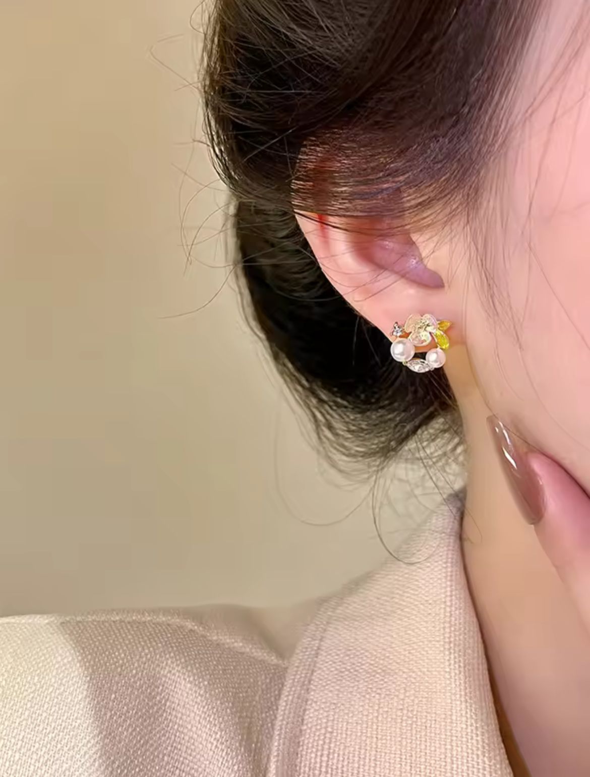 AWT-118 Korean Leaf Sparkling Pearl Earrings –  | Elegant Leaf Design With Premium Pearls, Perfect for Daily Wear, Parties & Special Occasions red