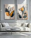 Modern 2-Piece Abstract Flower Wall Frame Set – Navy, Mustard & Gray Leaf Designs 8 X 11