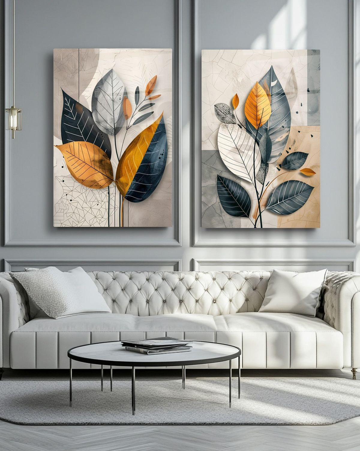 Modern 2-Piece Abstract Flower Wall Frame Set – Navy, Mustard & Gray Leaf Designs 8 X 11