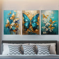 Luxury 3-Piece Butterfly & Floral Wall Frame Set – Textured Gold & Blue Art for Modern Bedrooms 8 X 11