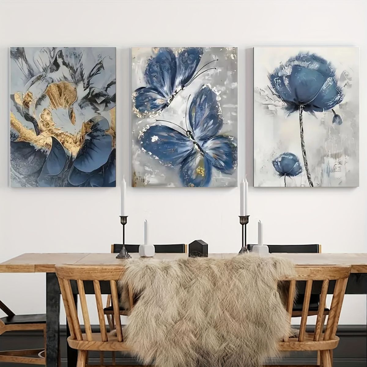 Elegant 3-Piece Flower Wall Frame Set – Blue & Gold Abstract Art for Modern Décor 8 X 11