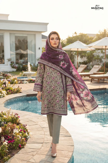 Mushtaq 3Pcs Unstitched Printed Lawn Aizal Collection Desgin - 3