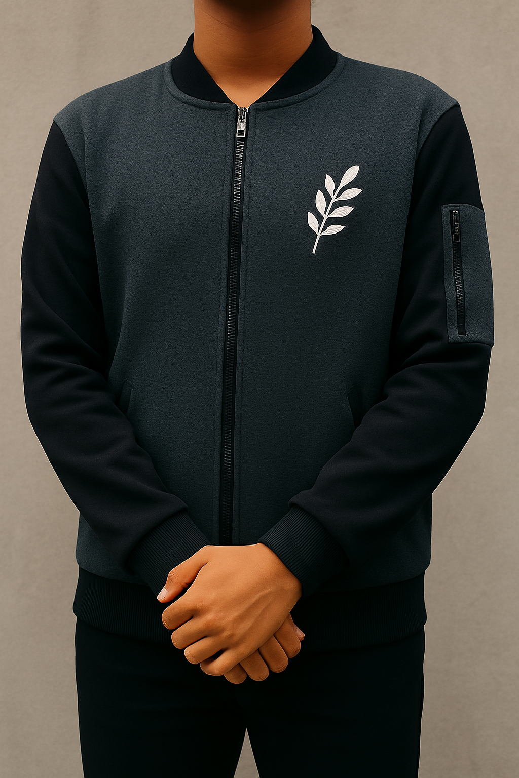 New Winter Collection Charcoal Grey Leaf Printed Zipper Jacket for Men &amp; Boys – Warm &amp; Stylish Fleece Outerwear - XL