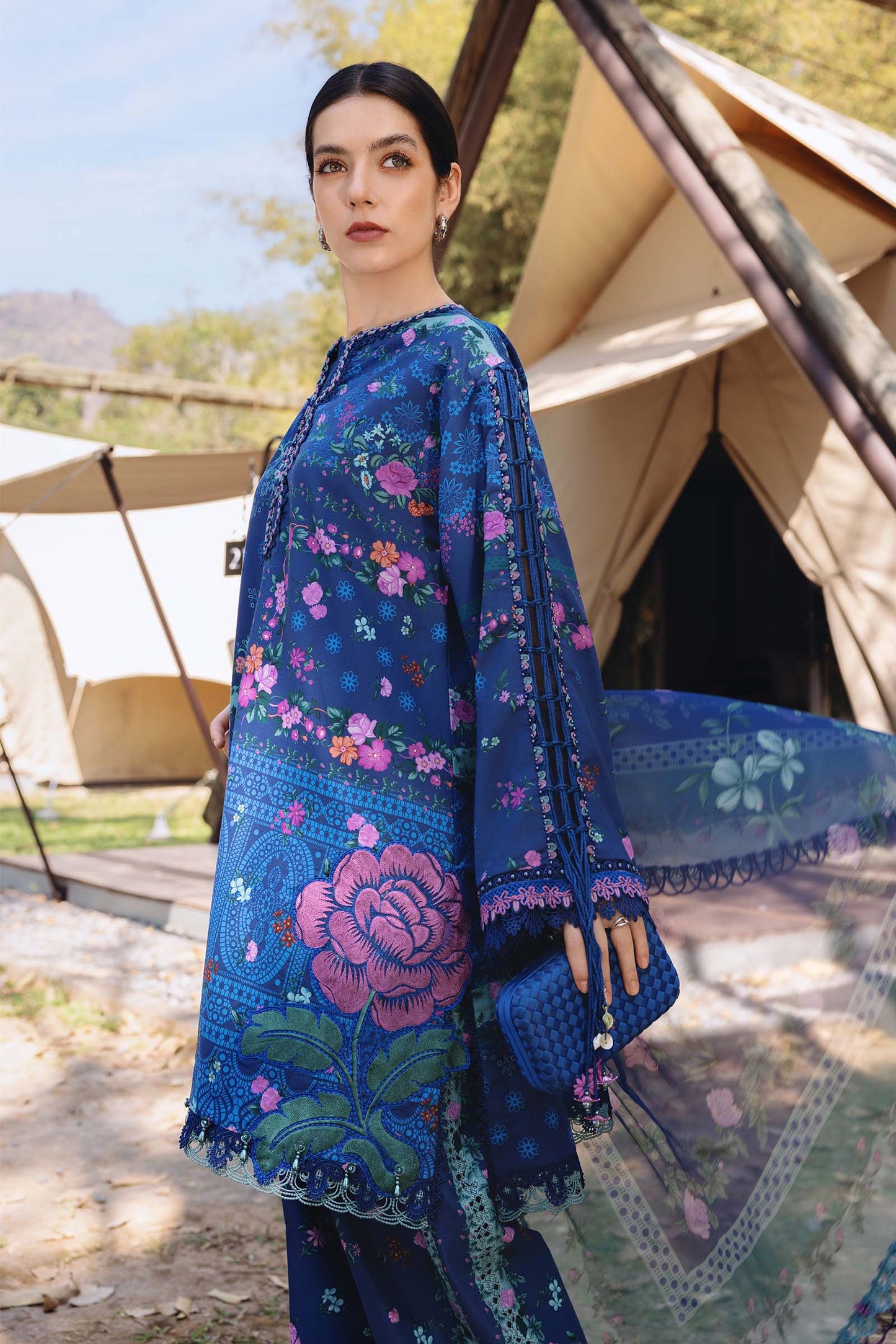 MPT-2904-B | Blue Printed Lawn Unstitched Suit with Embroidered Side Patches