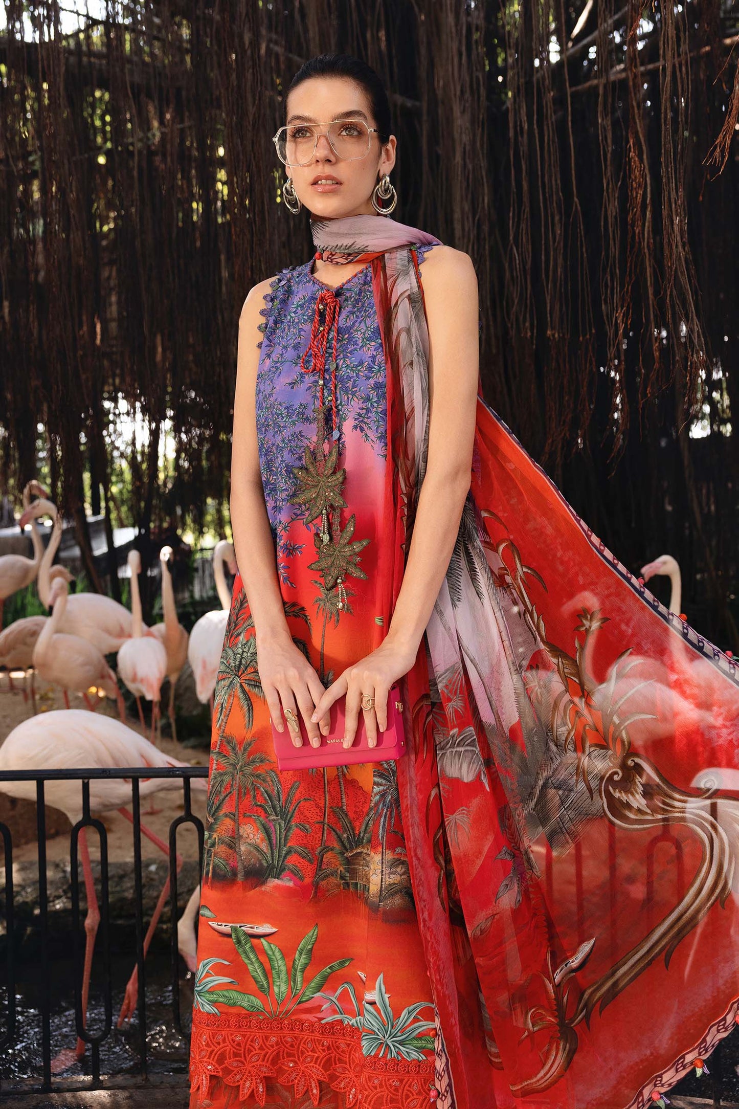 MPT-2907-B | Red Printed Lawn Unstitched Suit with Embroidered Tassel