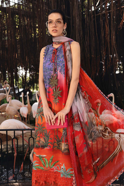 MPT-2907-B | Red Printed Lawn Unstitched Suit with Embroidered Tassel