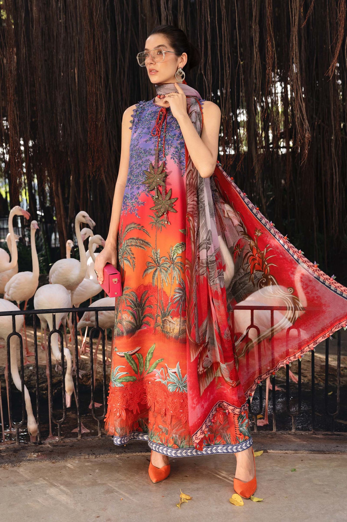 MPT-2907-B | Red Printed Lawn Unstitched Suit with Embroidered Tassel