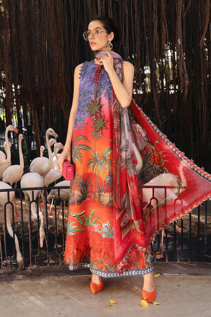 MPT-2907-B | Red Printed Lawn Unstitched Suit with Embroidered Tassel
