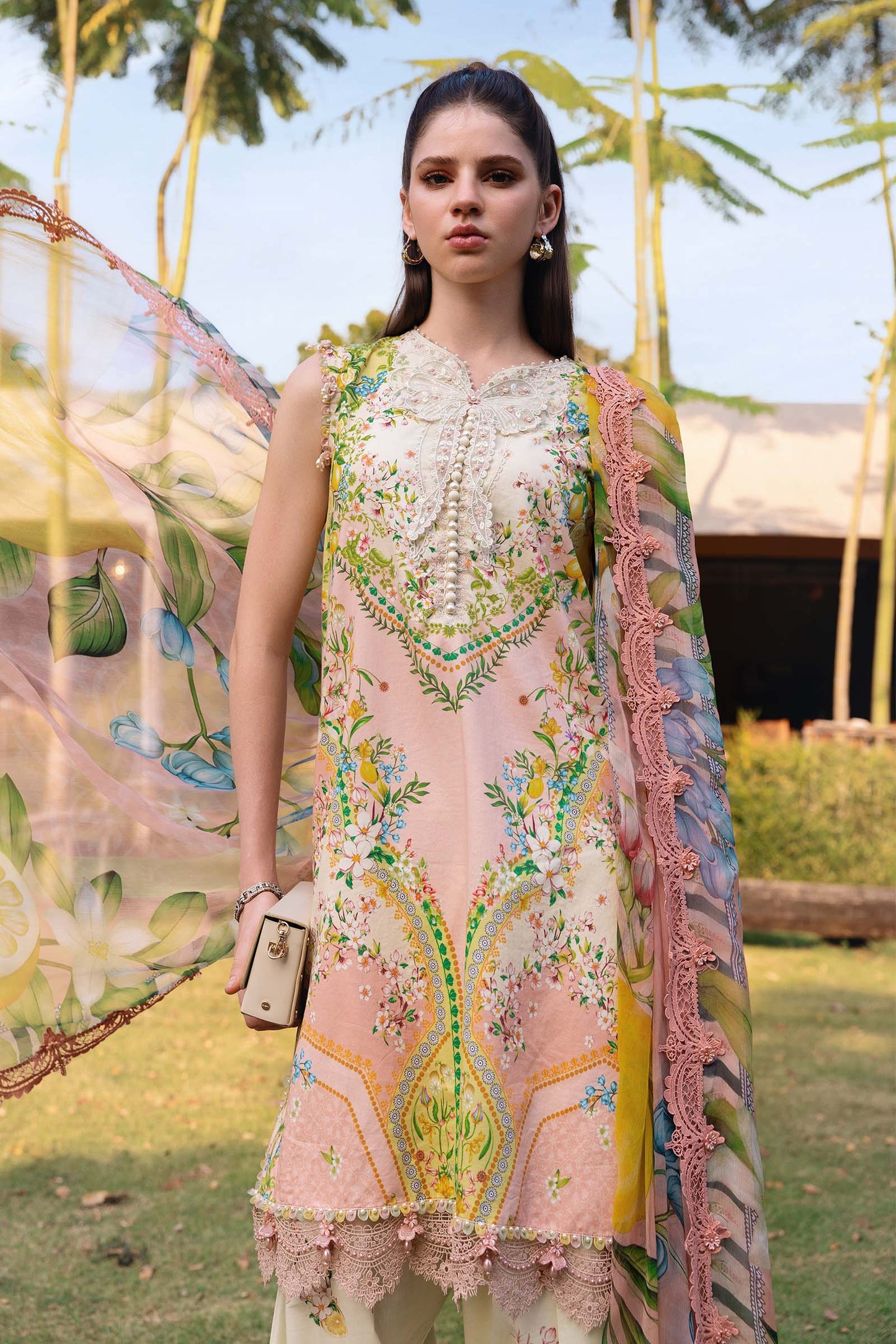 MPT-2908-A | Lemon Yellow Printed Lawn Unstitched Suit with 3D Neck Motif