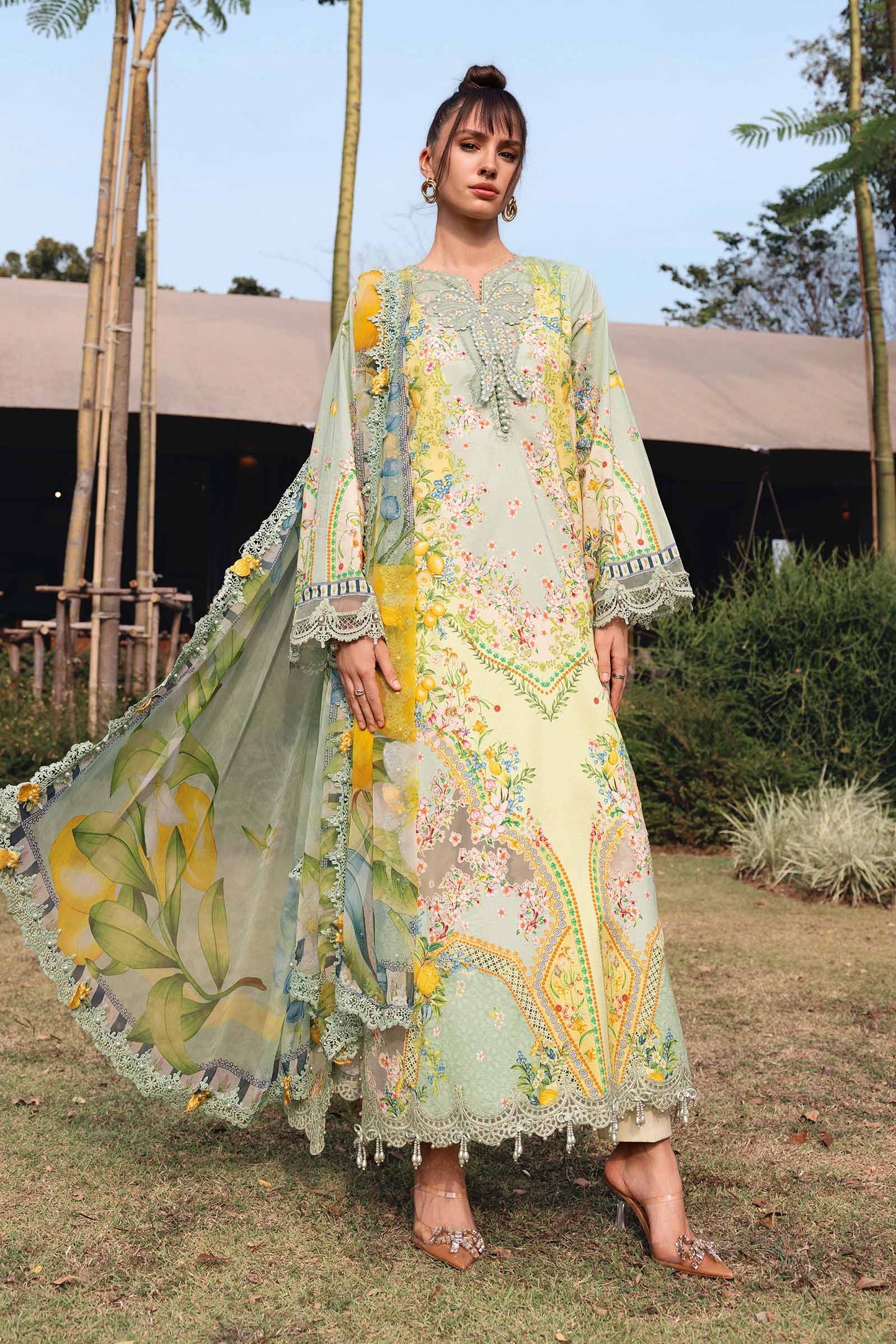 MPT-2908-B | Pistachio Green Printed Lawn Unstitched Suit with 3D Neck Motif