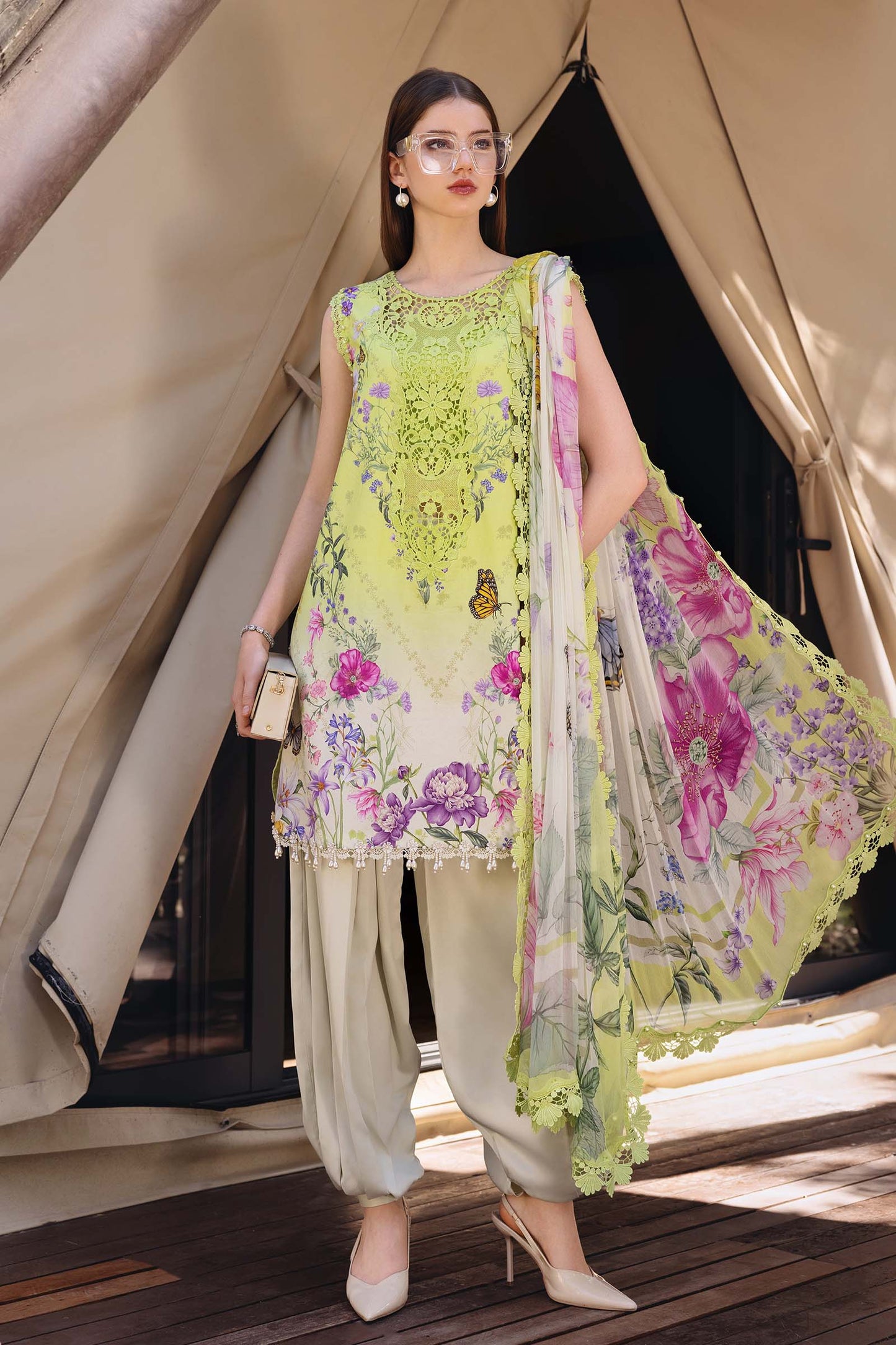 MPT-2909-A | Green Printed Lawn Unstitched Suit with Embroidered Neckline