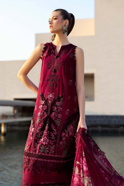 D-2611-B | Maroon Embroidered Lawn Unstitched Suit with Chiffon Dupatta