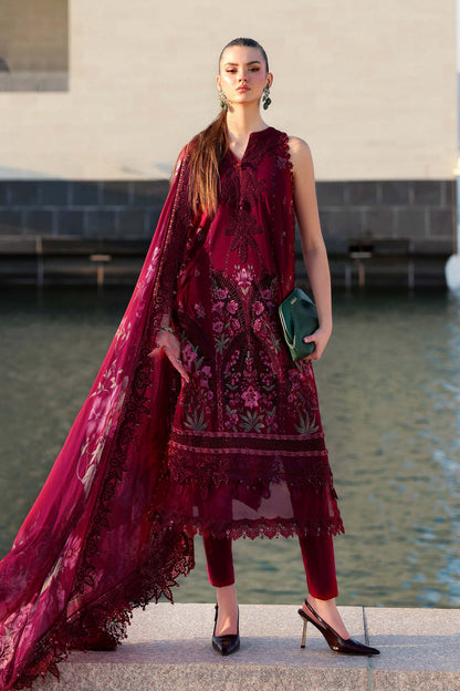D-2611-B | Maroon Embroidered Lawn Unstitched Suit with Chiffon Dupatta