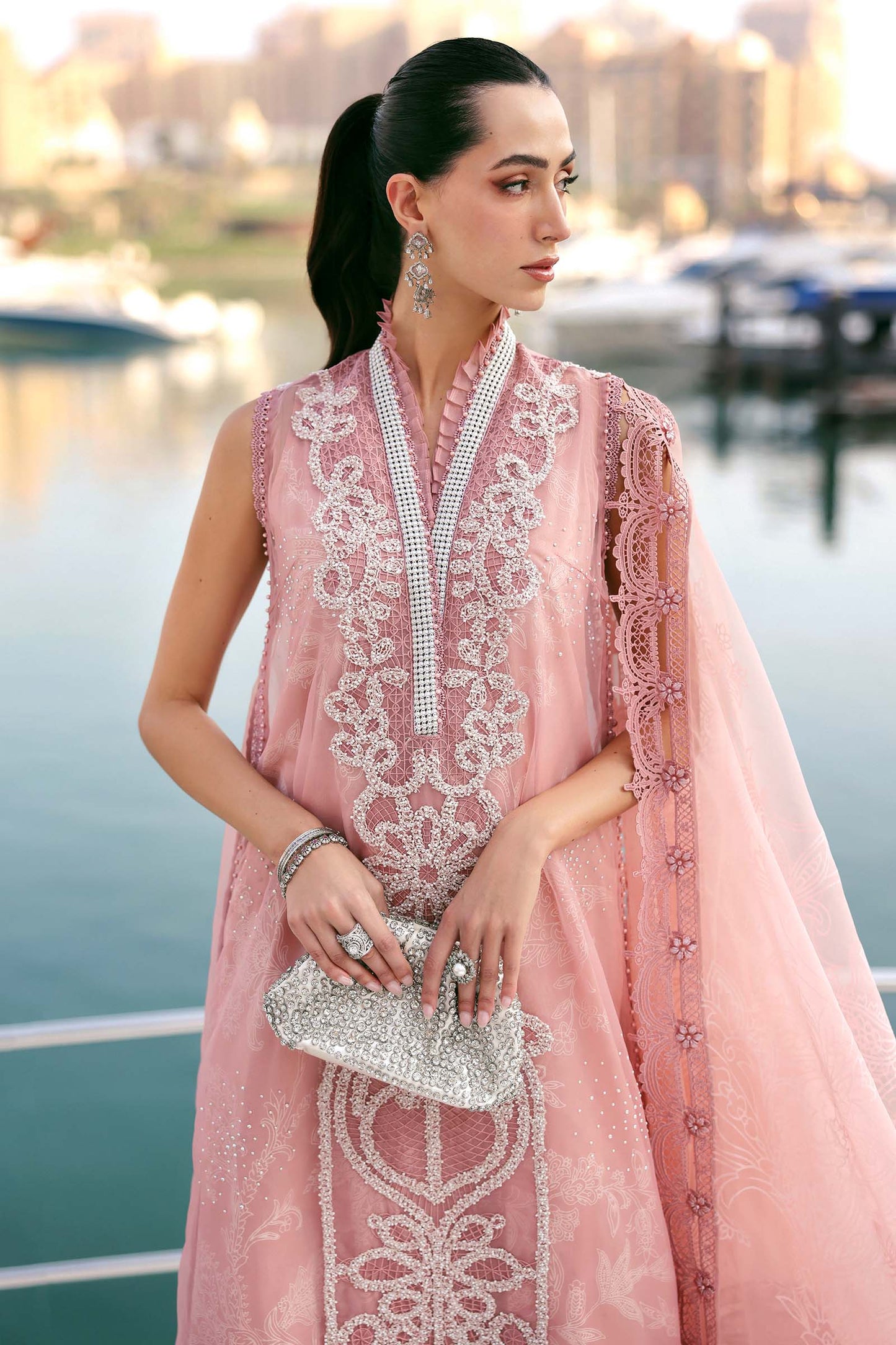 D-2604-B | Pink & Off-White Beaded Organza Unstitched Suit with Burnout Dupatta