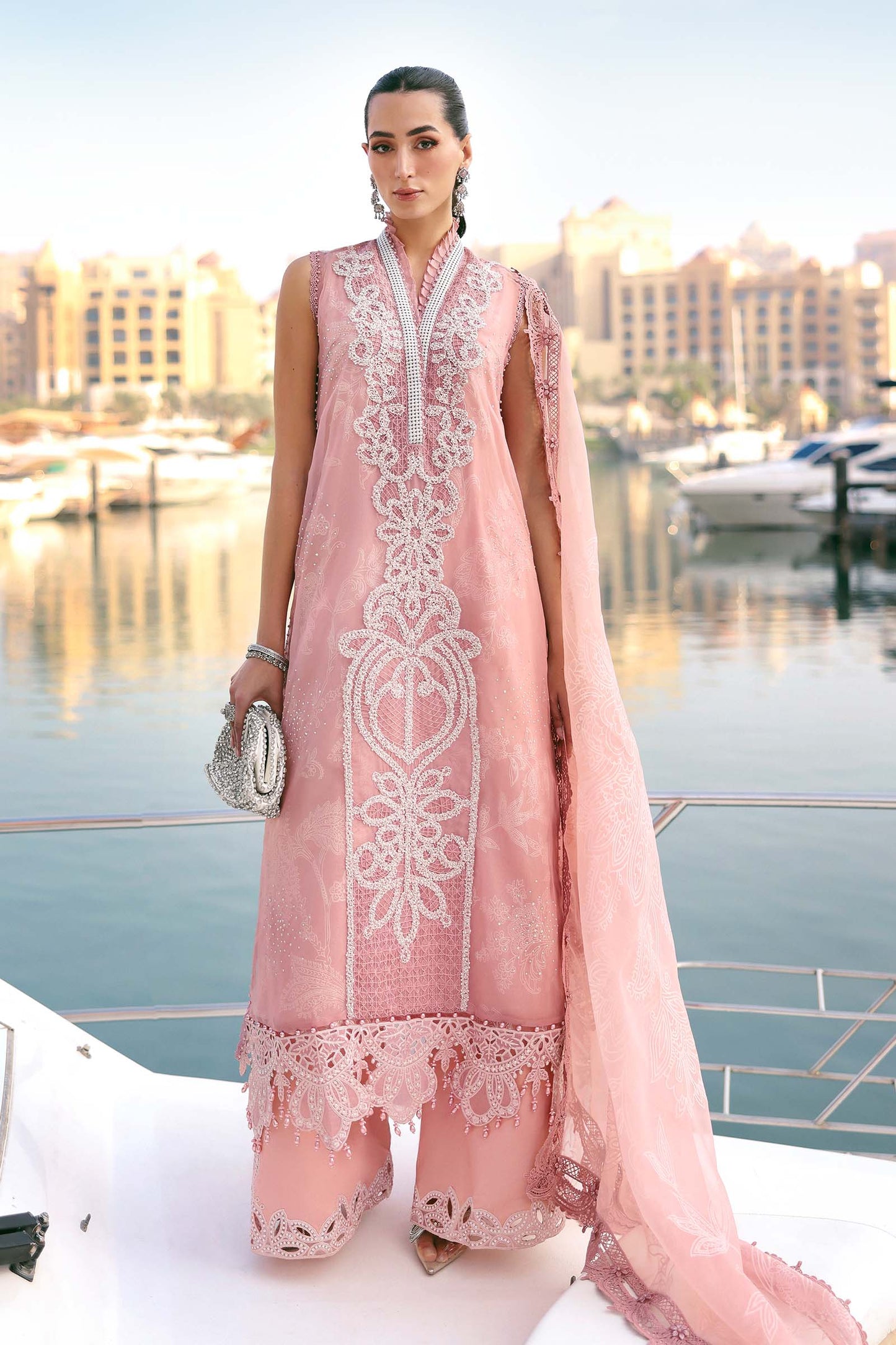 D-2604-B | Pink & Off-White Beaded Organza Unstitched Suit with Burnout Dupatta