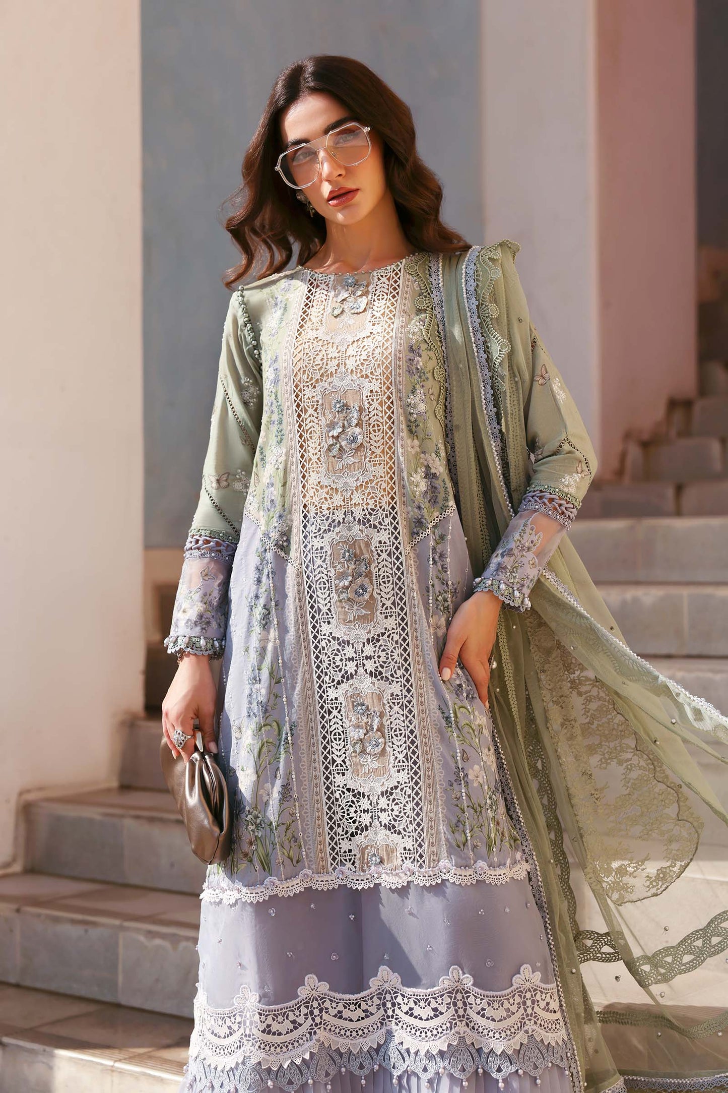 D-2606-B | Pistachio & Lilac 3D Floral Embroidered Lawn Unstitched Suit
