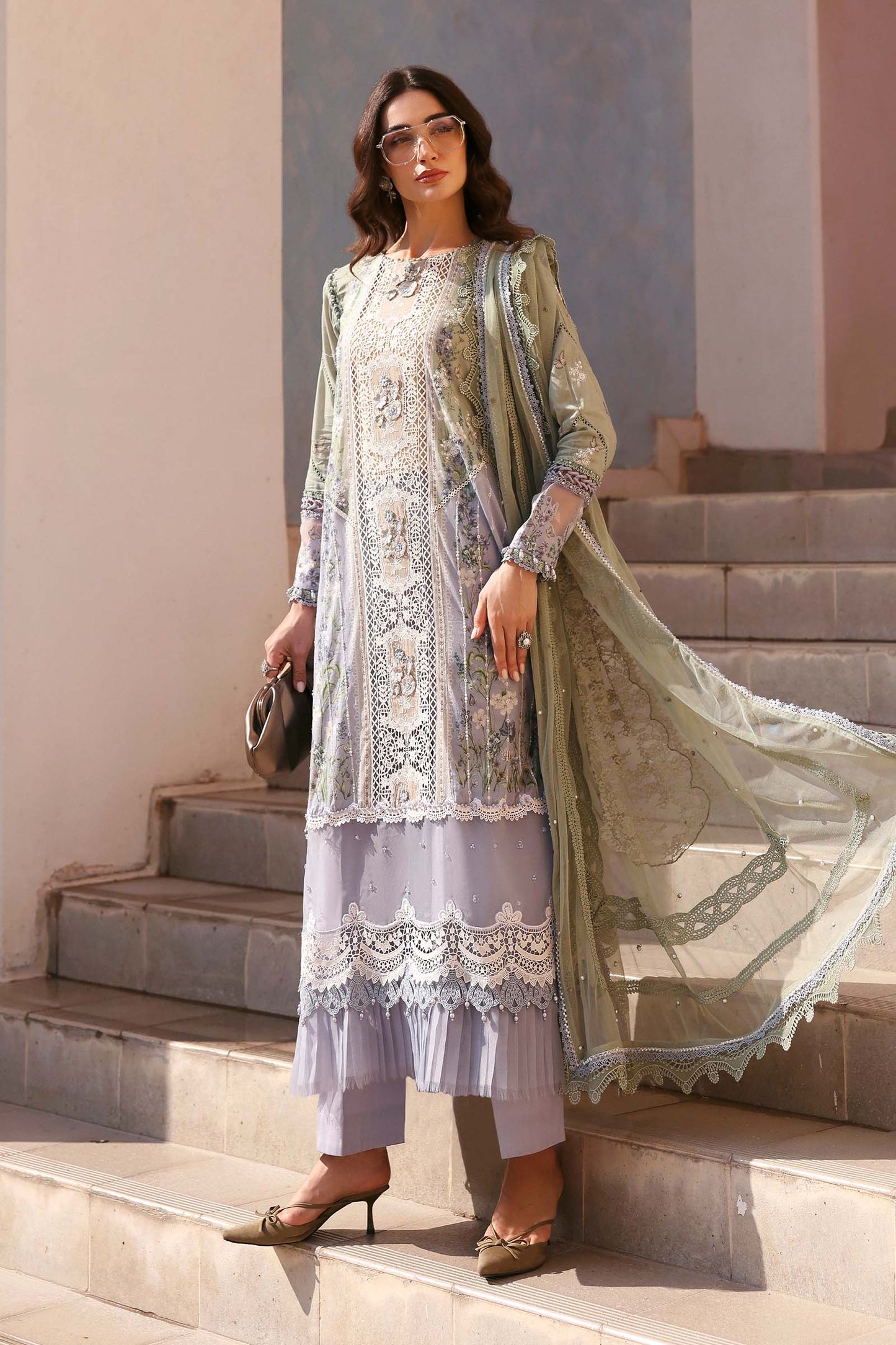 D-2606-B | Pistachio & Lilac 3D Floral Embroidered Lawn Unstitched Suit