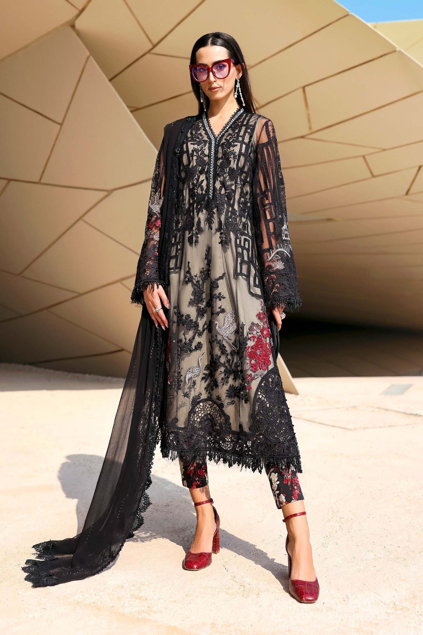 D-2607-B | Black Embroidered Net Unstitched Suit with Chiffon Dupatta