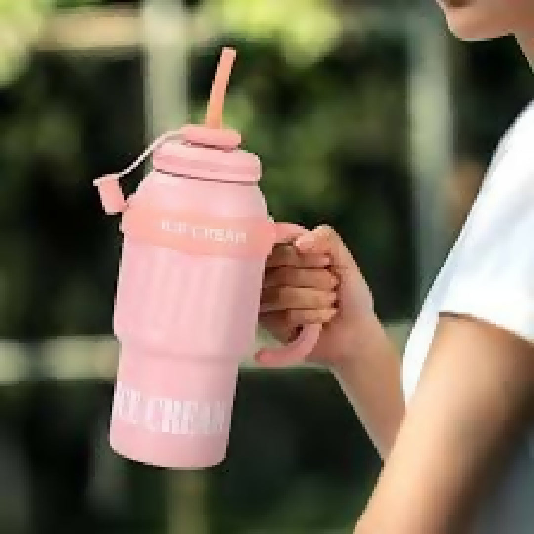 Stainless Steel Cute Ice Cream Tumbler Water Bottle With Straw And Handle 1000ml
