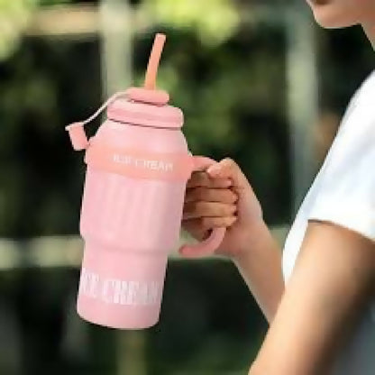 Stainless Steel Cute Ice Cream Tumbler Water Bottle With Straw And Handle 1000ml
