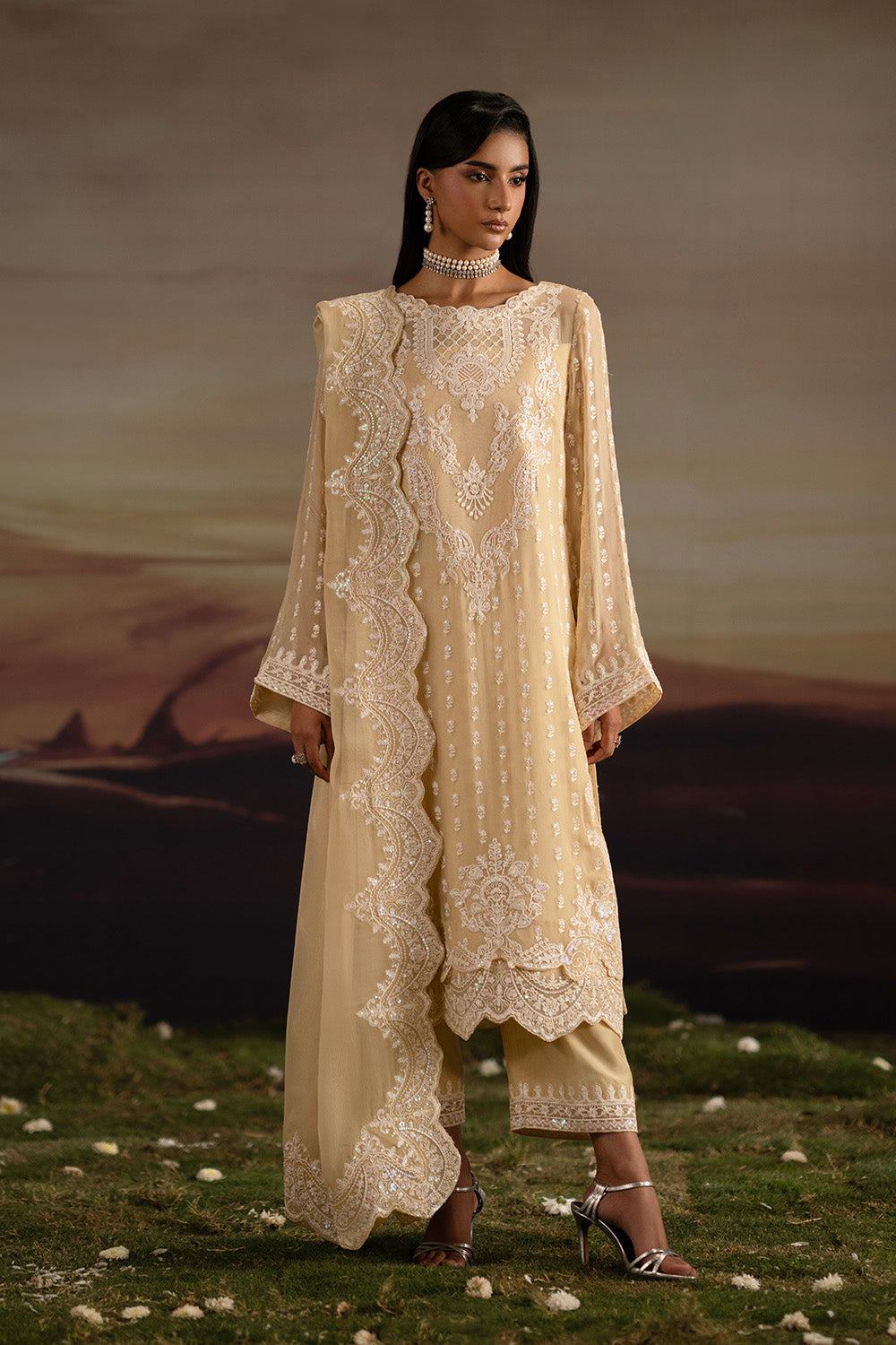 ISHANI | Cream Embroidered Chiffon & Organza Unstitched 3-Piece Suit | FWU5705