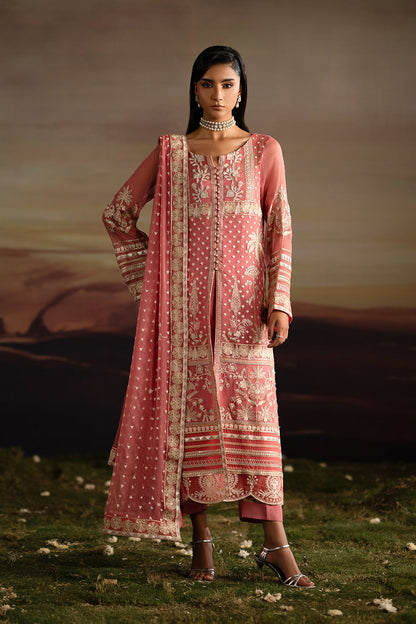 INDIYA | H-Pink Embroidered Chiffon & Organza Unstitched 3-Piece Suit | FWU5707