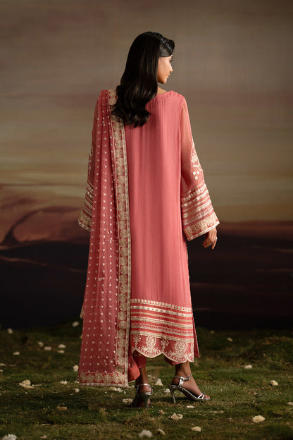 INDIYA | H-Pink Embroidered Chiffon & Organza Unstitched 3-Piece Suit | FWU5707
