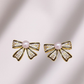 PJT-995 Bow Shape Zircon Pearl Earrings for Women – Korean Style Jewelry with Sparkling Zircon &amp; Classic Pearl Center | Available in Golden &amp; Silver | Perfect Gift for Parties, Weddings &amp; Everyday Fashion - Golden