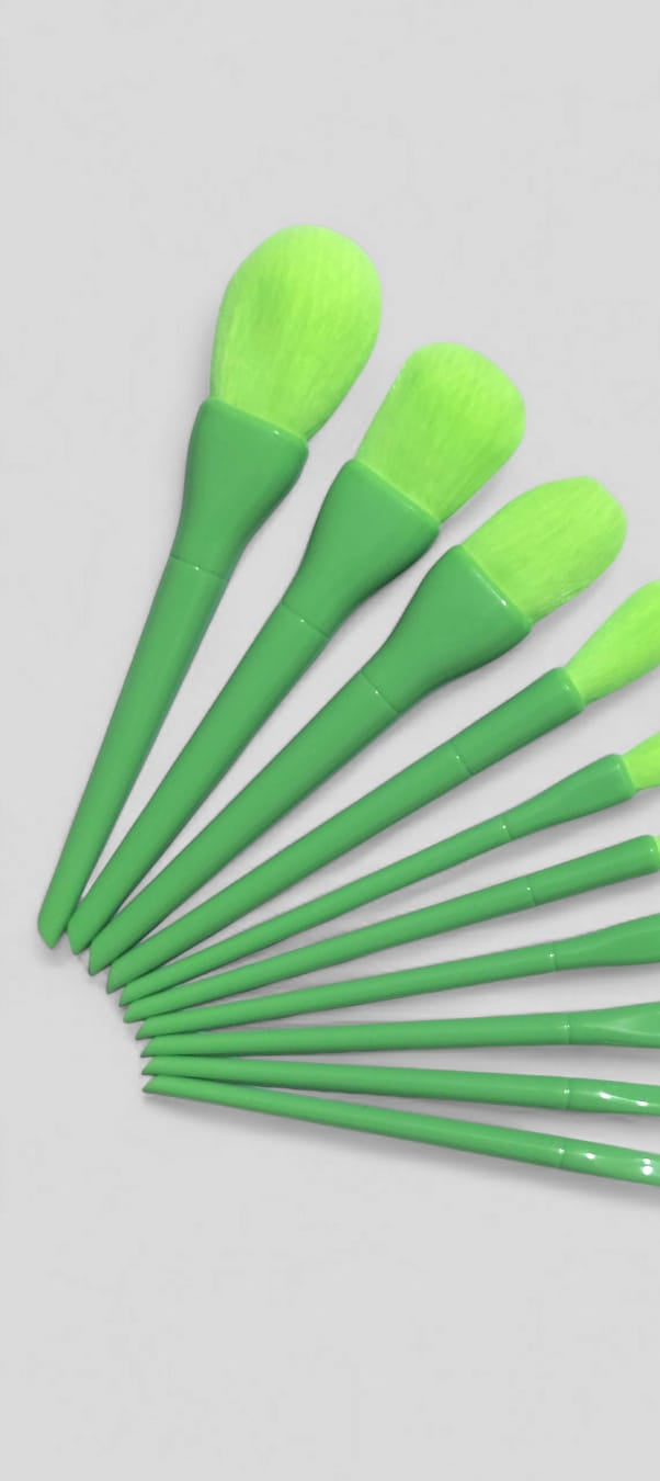 10 Pcs Professional Makeup Brush Set – Face, Eyes &amp; Lips | Concealer, Blush, Eyeshadow, Highlighter | Orange &amp; Green Colors - Green