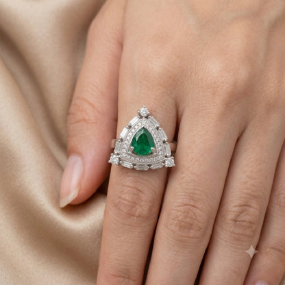 Cubic Zirconia Shield Statement Ring in Silver and Green