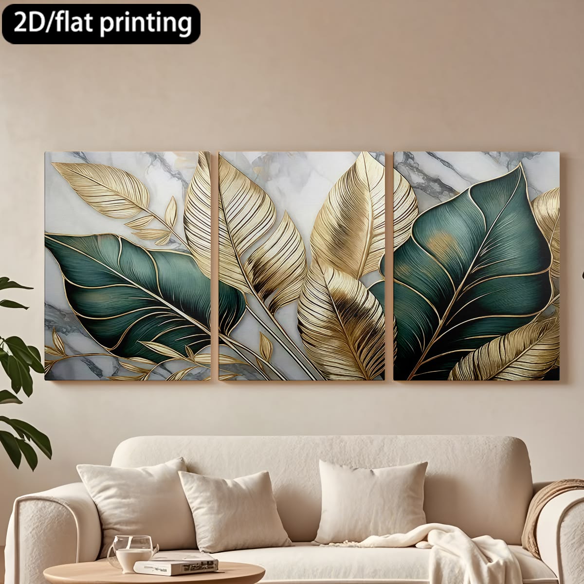 Modern 3-Piece Tropical Leaf Wall Frame Set – Gold & Green on Marble Background 8 X 11