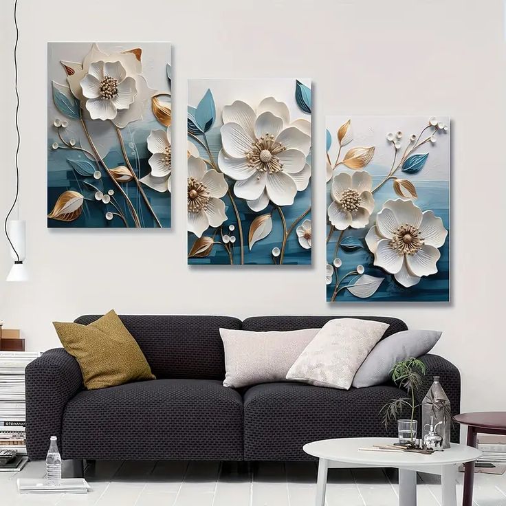 Elegant 3-Piece Floral Wall Frame Set – White Blossoms & Golden Stems on Teal Background 8 X 11